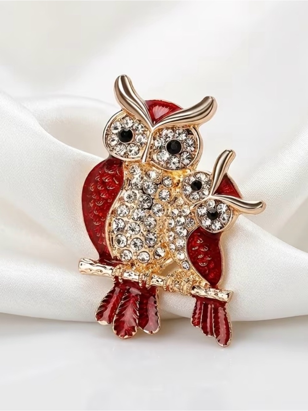 double owl brooch featuring red enamel wings and crystal rhinestones gold-tone